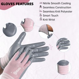 ANDANDA 1 Pairs Work Gloves, Smart Touch, 5D Comfort Stretch Fit, Nitrile Coated Work Gloves with Grip, Seamless Knit Nylon Work Gloves Men Suitable for General Work,Pink(M)