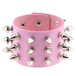 FM FM42 Pink PU Simulated Leather Silvert-tone Spikes Rivets Adjustable Buckle Bracelet, Pack of 2 PCs