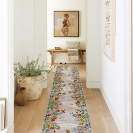 Artoid Mode Wood Flowers Butterfly Spring Runner Rug, Summer Home Decor Low-Profile Non-Slip Washable Area Rug for Kitchen Entryway Bedroom Living Room Laundry Room Indoor 2x10 Feet