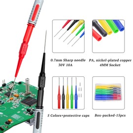 Cleqee Pack of 15 Automotive Industry Back Sample Pins Multimeter Wire Piercing Test Probes with 4 mm Socket 0.7 mm Puncture Probe Needle 30 V/10 A for Small IC Pins Electronic Testing Five Colours
