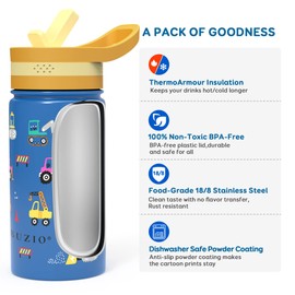 BUZIO 14 oz Kids Water Bottle with Straw Lid, Vacuum Insulated Stainless Steel Metal Thermo Bottles for Toddlers Girls Boys Leak Proof BPA-Free & Lead-Free Flask for School, Blue Construction Car