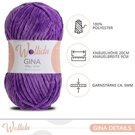 Wollidu Gina Chenille Yarn for Knitting and Crocheting, 1 x 100 g/120 m Set, 100% Polyester, Purple