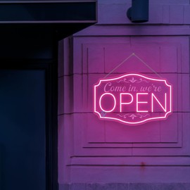 LED Neon Open Sign for Business, Adjustable Brightness Neon Lights for Party Bar Salon Stores Hotel Wall Decor Come in we're Open (Pink, 16.5x11'')