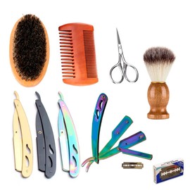 Kit 5p Cuidado De Barba Cepillo Bambú Tijera Navaja Brocha Kit de aseo facial masculino uso portátil, Tijeras, Porta Navajas, Brocha, Cepillo y Peine de Bambu (Dorado)