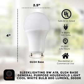 SLEEKLIGHTING GU24 LED Light Bulb, 2 Prong Light Bulb - Dimmable,9 WATT, Twist Lock Base, Replacing CFL Ceiling Lights,3000K Warm White 800lm, 240 Degree, UL Listed - 4 Pack