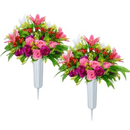 XONOR XONOR Artificial Cemetery Flowers with Vase, Set of 2 Artificial Rose Lily Bouquet Graveyard Memorial Flowers for Cemetery Headstones Decoration