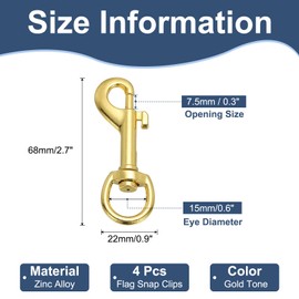 PATIKIL 4Pcs Flag Swivel Snap Clips, 2.7 Inch Heavy Duty Alloy Flag Pole Snaps Hooks Stainless Flagpole Accessories for Rope Hardware Key Chain Leash Leather Craft, Gold Tone