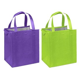 Mediz Hannah Direct Large Capacity Heavy Duty Insulated Smart Shopping Bag - Strong Reusable Grocery Tote 2 Pack (Purple and Lime)