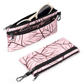 Tangoner Double Glasses Case Soft Zipper, Dual Sunglasses Case for Women, Eyeglass Organizer with Clip for 2 Pairs, Portable Slim Eyewear Storage Travel, Pink