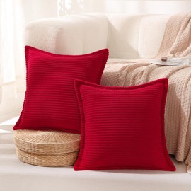 Linecooo Corduroy Red Throw Pillow Covers Set of 2 Striped Boho Decorative with Edge Design,Super Soft Throw Pillow Cushion Covers for Couch Sofa Living Room Solid Square 20×20inch/50cm×50cm