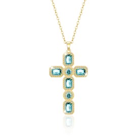 Linawe Aquamarine Cross Necklace for Women, Blue Gold Jewelry, Catholic Religious Gifts, Charm Pendant Necklace, Crystal Diamond Birthstone Cubic Zirconia Rhinestone Necklace