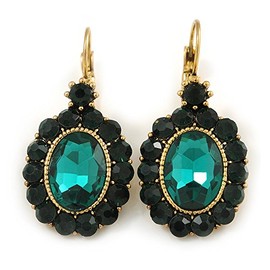 40mm Tall/Oval Emerald Green Crystal Drop Earrings with Leverback Closure In Aged Gold Tone/Vintage Style