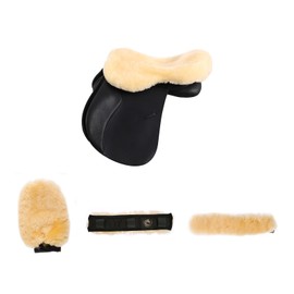 Merauno® Lambswool Riding Gifts Set of 4-1x Lambswool Saddle Seat Cover, 1x Lambskin Neck Protector (32 x 5 cm and 28 x 5 cm), 1x Lambswool Cleaning Glove Made of Merino Lambswool, Colour: Natural
