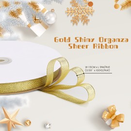 molshine 100yd 5/8" Gold Shiny Organza Sheer Ribbon,Metallic Glitter Ribbons for Gift Wrapping,Bows,Crafts,Garland,Bouquet,Holiday Wedding Party Decor 5/8" (15mm)