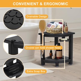 nalone Corner Shower Stool, HDPE Shower Bench for Inside Shower, Small Shower Chair Seat for Shaving Legs with Storage Shelf, Soap Box and No-Slip Feet (Black)