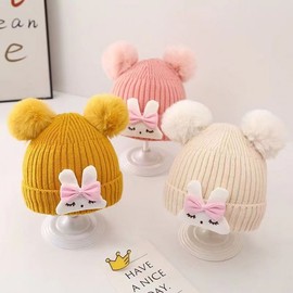 Cute Character Rabbit Beanie for Babies, Winter Knit Hat with Earmuffs Hat Blue 3ea