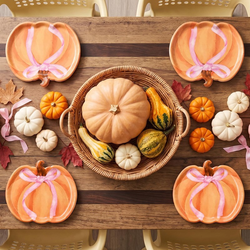 60Pcs Pink Bow Pumpkin Paper Plates Pumpkin Autumn Thanksgiving Party