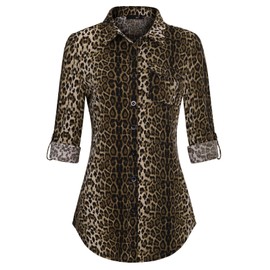DJT Womens Plaid Shirts Soft Stretchy Knit Blouse Long Sleeve Button Down Shirts Work Tops Small Leopard Print