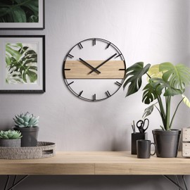 Cander Berlin MARLIT Vintage Wall Clock Silent 33 cm Metal Wood Oak Veneer without Ticking Noises Modern Black Living Room