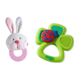 HABA Spring Teething Toys Bundle Includes: Easter Gifts for Babies Bunny Teether and St Patrick's Day Gifts Shamrock Silicone Baby Teething Toy, Infant Easter Basket Stuffers and Sensory Play