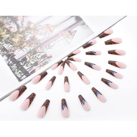 Vatocu Coffin Matte False Nails Long Butterflies False Nails Leopard Print on Nails Acrylic Stick on Nails for Women and Girls (Pack of 24)