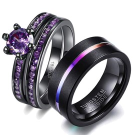 wedding ring set His Hers Couples Matching Rings Women's 18k Black Gold Filled Violet CZ Wedding Engagement Ring Bridal Sets & Men's Tungsten Carbide Wedding Band, crystal stone Metal, Cubic Zirconia