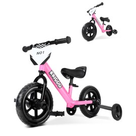 KRIDDO 2-in-1 Kids Tricycle and Toddler Balance Bike 2 Year Old, Detachable Pedals and Stowable Training Wheels, DIY Plate, Riding Trikes Toy for Ages 18 Months to 3 Years, Pink