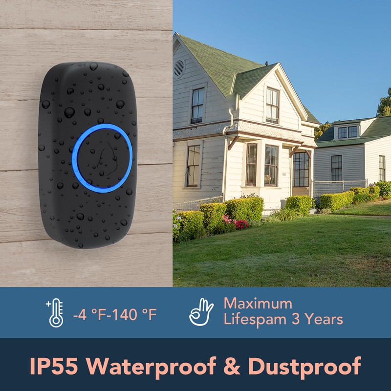 VEGATON Wireless Doorbell kits with IP55 Waterproof Level, 500ft Range,