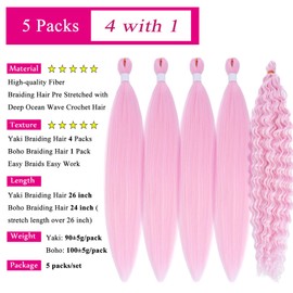 Light Pink Braiding Hair Pre Stretched with Micro Bohemian Ocean Wave Wavy Braiding Hair Pink Knotless Deep Wave Crochet Curly Hair Extensions for Boho Braids (5 Packs)