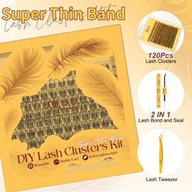 QUEWEL DIY Lash Extension Kit, Wispy Lash Clusters Kit D Curl 10-16mm Lash Clusters Natural Look Super Thin Band Cluster Lashes Kit 120 PCS with Lash Bond and Seal and Lash Tweezers(Feather 01 Kit)