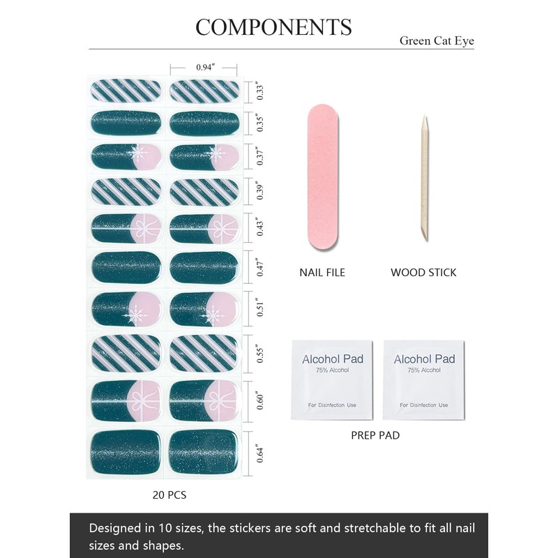 AutyaMee Semi Cured Gel Nail Strips (Green Cat Eye), Christmas