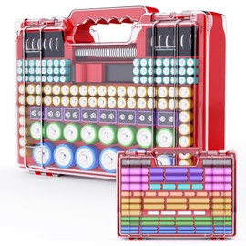 Tututry Battery Organizer Storage Holder Box Case with Tester, Ultra-Large 262+ Batteries Container with Double-Sided, Holds AA AAA 4A 23A C D Cell 9V 3V Lithium 4LR44 CR3 CR123A 18650 (Red)