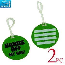 PACK OF 2 FUNKY 'HANDS OFF MY BAG" LUGGAGE TAG- BRIGHT GREEN COLOR - HIGH VISIBLE - STRONG DURABLE PLASTIC