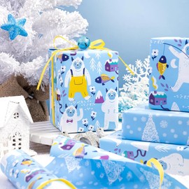 RUSPEPA Reversible Christmas Wrapping Paper - Mini Roll - 43.2cm x 10m - Winter Snow Monster and Christmas Tree Wrapping Paper for Xmas, Party Celebration