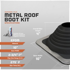 Fasteners Plus #4 Square EPDM Metal Roof Pipe Flashing Boot with Complete Install Kit (Made in USA), Fits 2-3/4” - 7” Pipe OD, Black