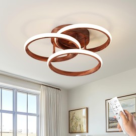 Dimmable LED Semi Flush Mount Ceiling Light Fixture with Remote Control 3-Color Dimming Circle Modern Chandelier, Close to Ceiling Bedroom Kitchen Hallways Balcony Corridor Lamp (15in- 3 Ring Wood)