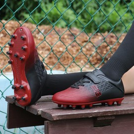 brooman Kids Firm Ground Soccer Cleats Boys Girls Athletic Outdoor Football Shoes (12,Black Red)