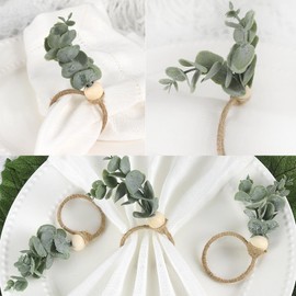 Pack of 6 Wooden Napkin Rings - Boho Napkin Ring with Green Leaves & Wooden Beads - Rustic Napkin Rings for Christmas, Weddings, Easter & Farmhouse Style Table Decoration