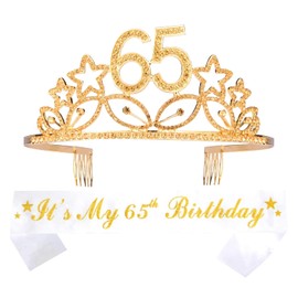 65th Birthday Sash and Tiara for Women - Fabulous Glitter Sash + Stars Rhinestone Gold Premium Metal Tiara for Her, 65th Birthday Gifts for 65 Party