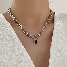 TseenYi Black Square Necklace Silver Curb Chain Choker Necklace Square Pendant Necklace Punk Chunky Necklace Chain Link Necklace Chain Jewelry for Women and Girls Gifts