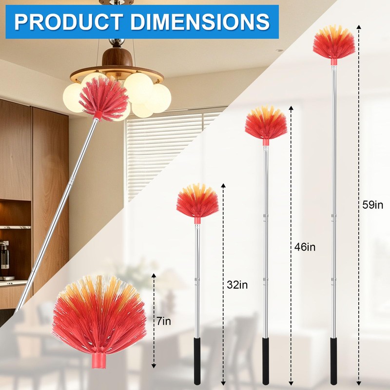 Cobweb Duster with Extension Pole, Medium Stiff Bristles Cobweb Duster