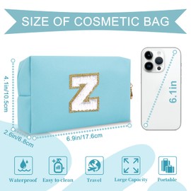 Bolsa de maquillaje personalizada con inicial A-Z Preppy Bolsa de parche pequeña de piel sintética con cierre, bolsa de aseo blanca bonita para adolescentes, niñas, mujeres, cumpleaños, amigas y madres, Azul, letra blanca, Z, Moda