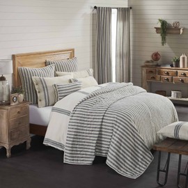 PIPER CLASSICS Market Place Gray Ticking Stripe Quilt, Twin, 86in x 68in, Gray & Cream Quilted Modern Country Farmhouse Style Bedding