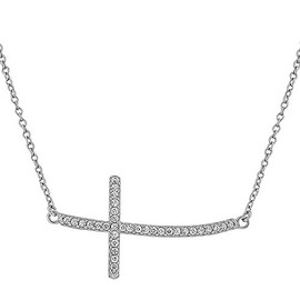 925 Sterling Silver Womens Sideways Religious Cross White CZ Pendant Necklace