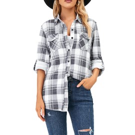 Oyamiki Plaid Flannel Shirts for Women Buffalo Plaid Shirts Oversized Long Sleeve Casual Button Down Blouse Top