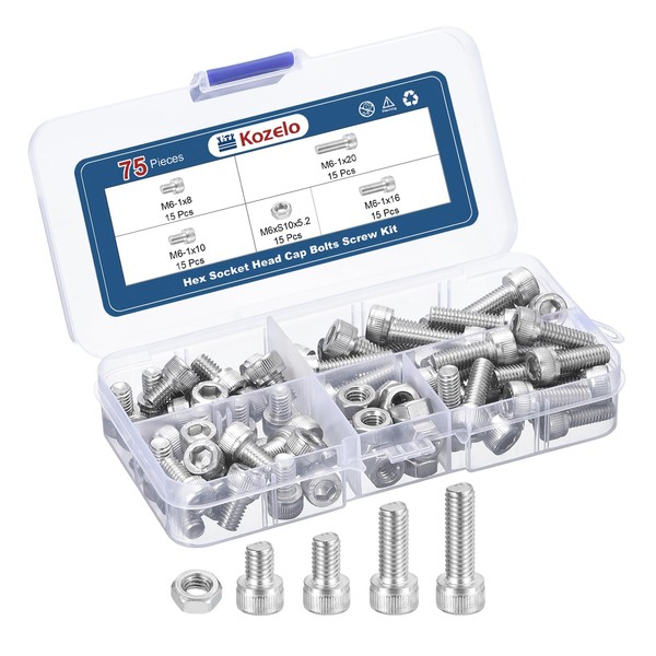 Kozelo 75pcs M6 Socket Head Cap Screws Bolts Nuts Assortment
