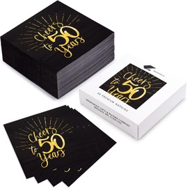 WRAPAHOLIC 50Pcs 50th Birthday Napkins - 3-Ply Disposable Paper Cocktail Napkin, Black and Gold Foil Cheers to 50 Years - 5 x 5 In