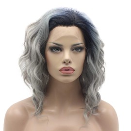 Lace Front Synthetic Wig Medium Length Wavy 14inch Dark Root Grey Ombre Wig Stylish Wig
