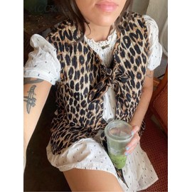 MANGMAO Leopard Print Tie Front Tops for Women Y2k Vest Top Waistcoat Cheetah Print Bow Top Fashion Casual Vests, Leopard, Large