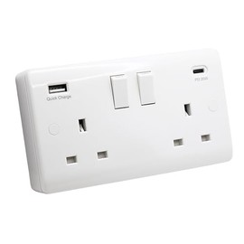 SHPELEC® 2 Gang White Switched Socket with 20W USB A+C PD Ultra-Fast Charge + Back Box | Curved Edge Wall Outlet | 13A, 230V |(2G Socket with 20W PD20 USB A+C + Back Box, 1 Pack)